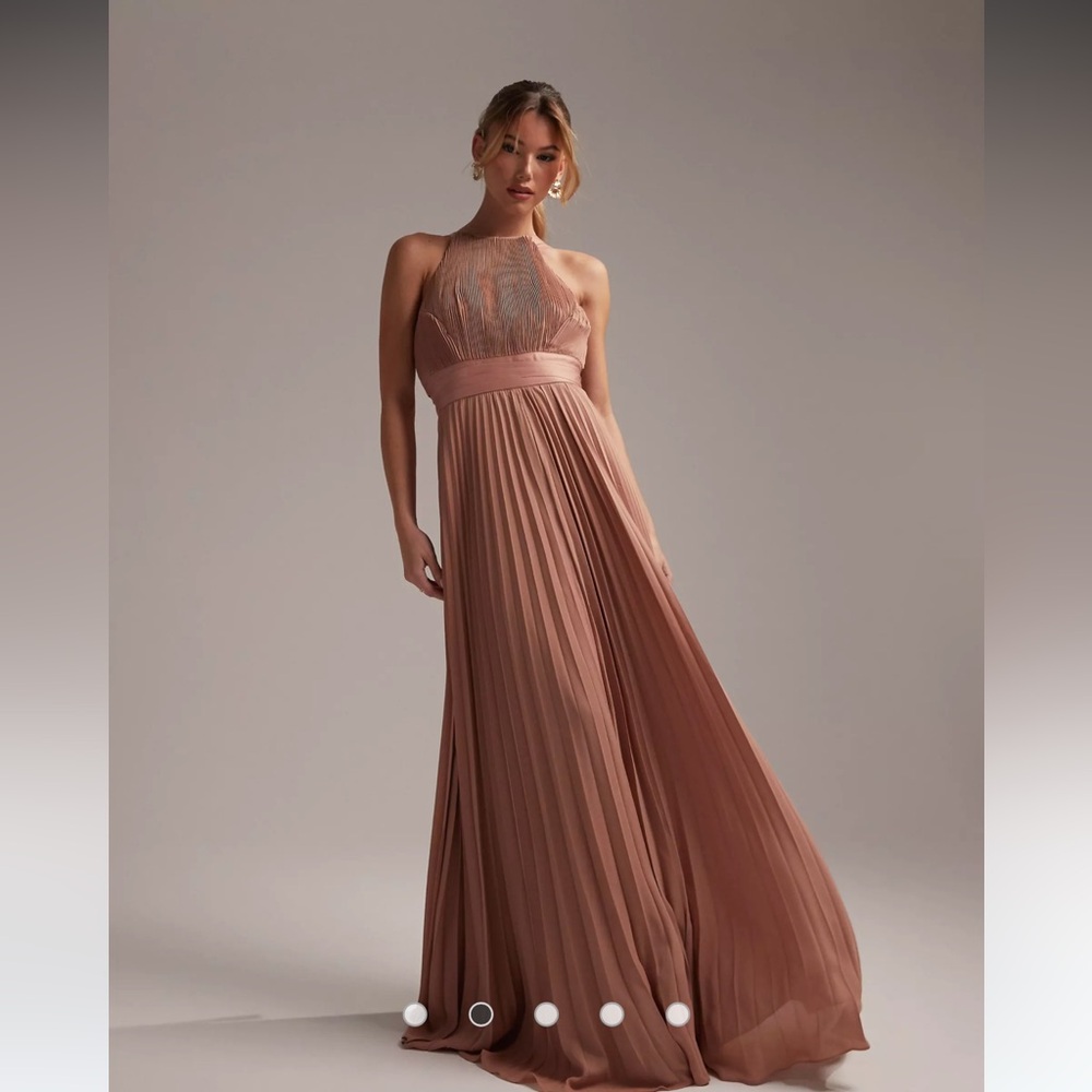 ASOS DESIGN Bridesmaid pleated pinny maxi dress with satin wrap waist in mocha
